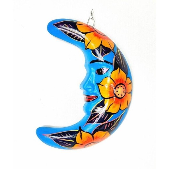 Vintage Mexican Clay Folk Art Celestial Floral Moon Face Wall Hanging - Picture 1 of 5